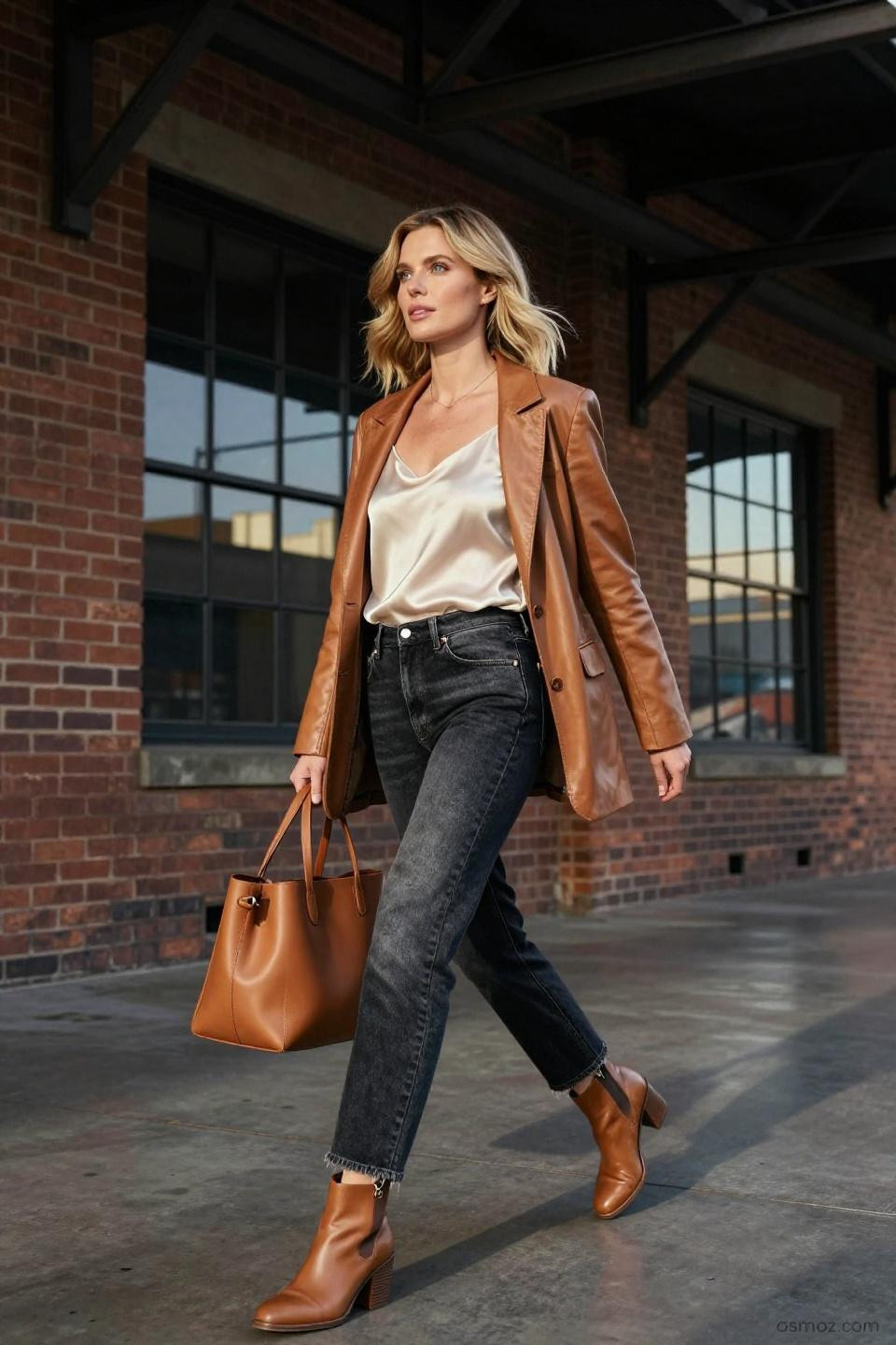 Black Jeans Outfit Ideas showcasing faded black jeans with ivory silk camisole and camel blazer