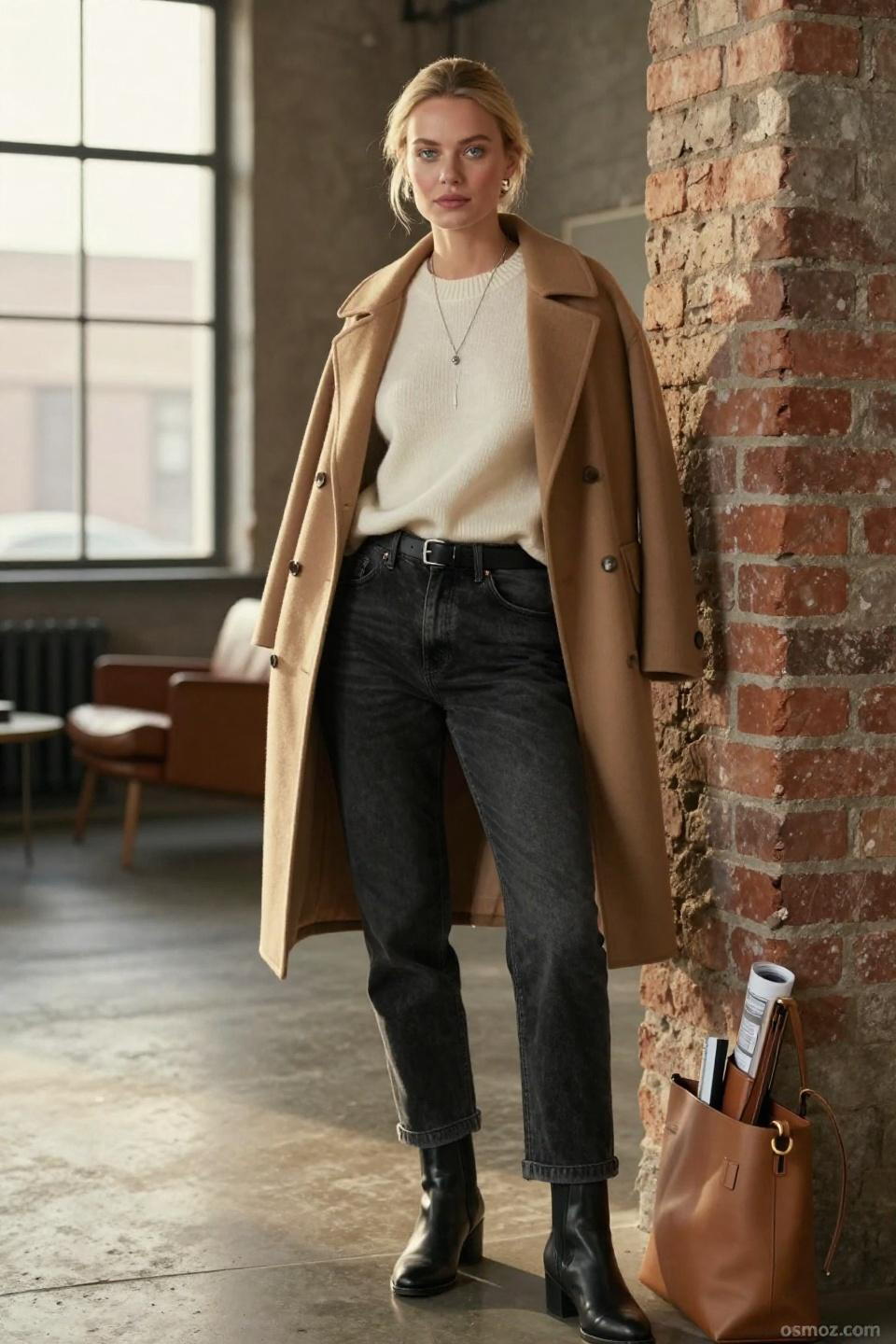 Black Jeans Outfit Classy featuring faded black jeans with ivory cashmere sweater and camel coat