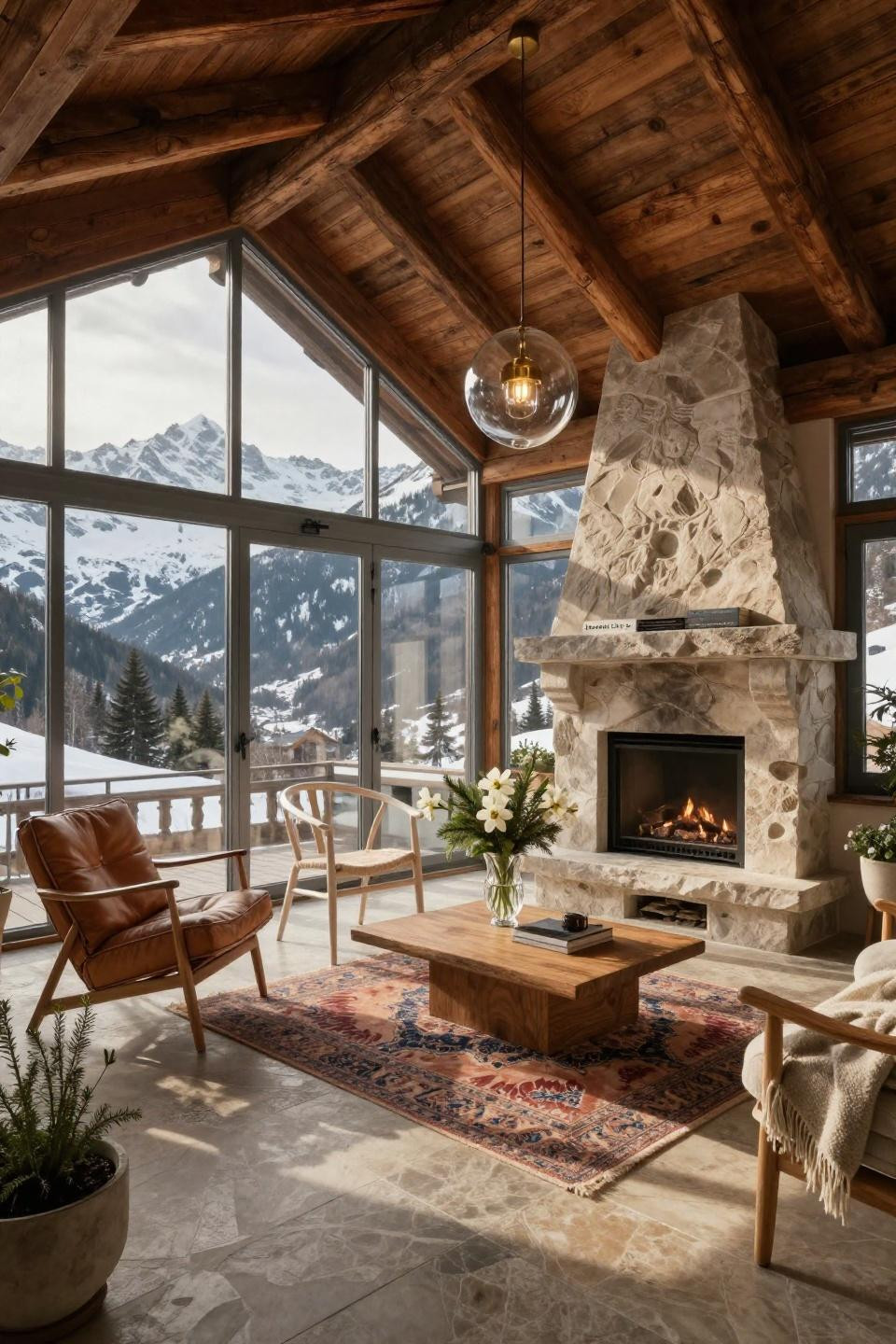 Small conservatory ideas in Verbier chalet with limestone fireplace