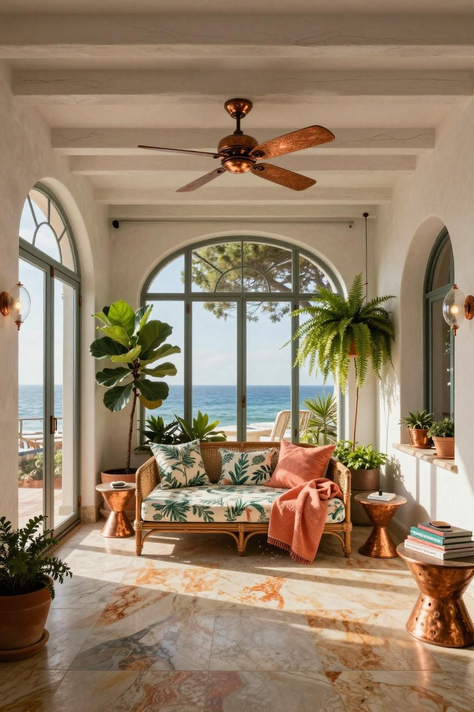 Small conservatory ideas in French Riviera beach house with quartzite flooring