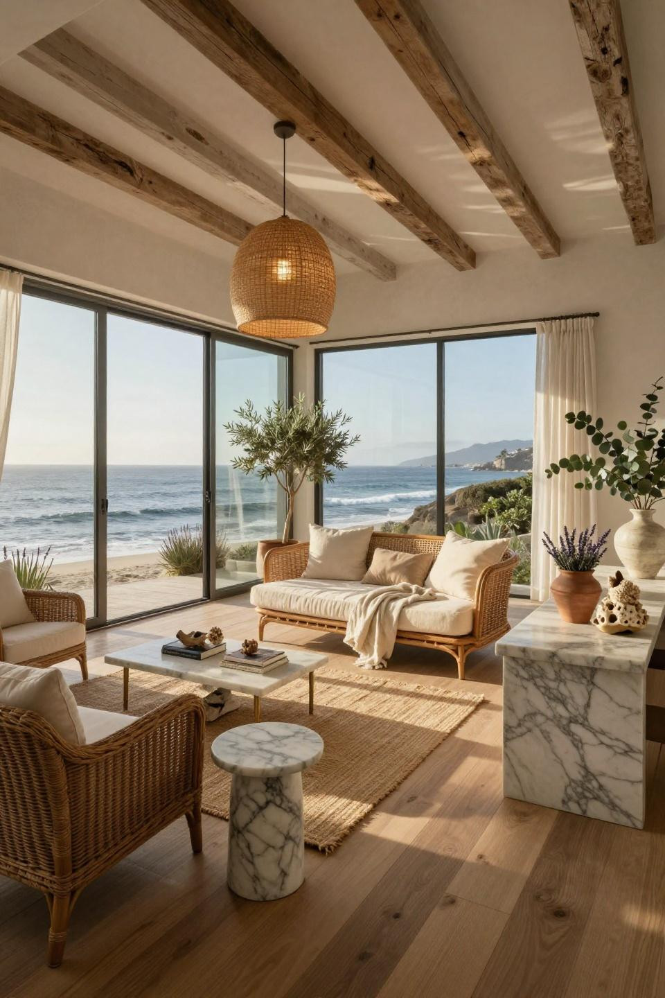 Small conservatory ideas in Malibu villa with custom rattan daybed