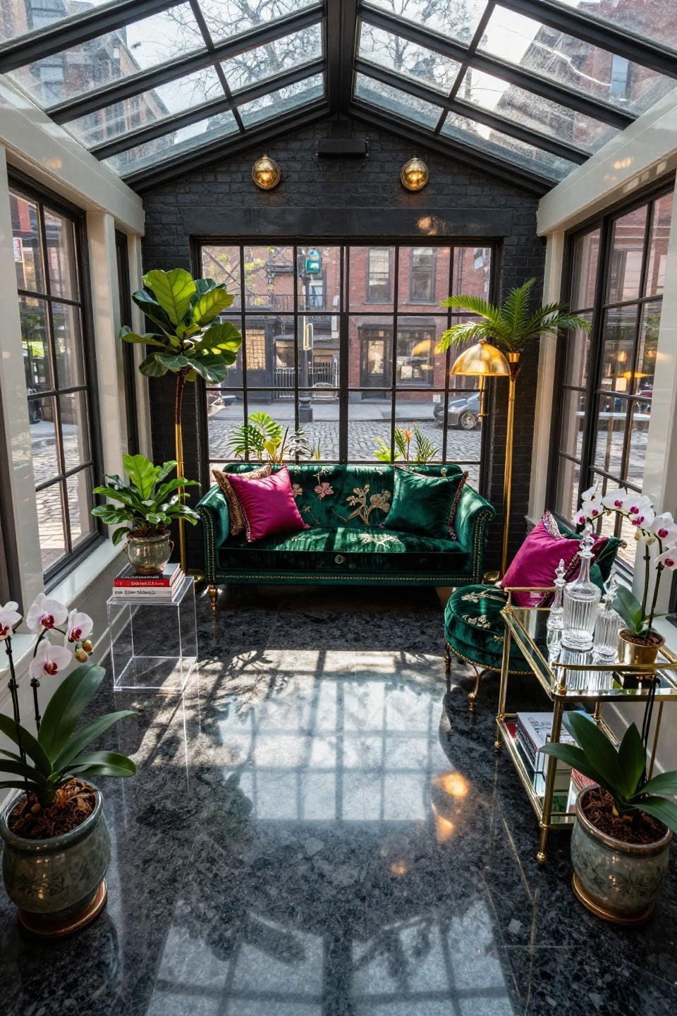 Enclosed porch ideas showing NYC Tribeca townhouse with black granite floors