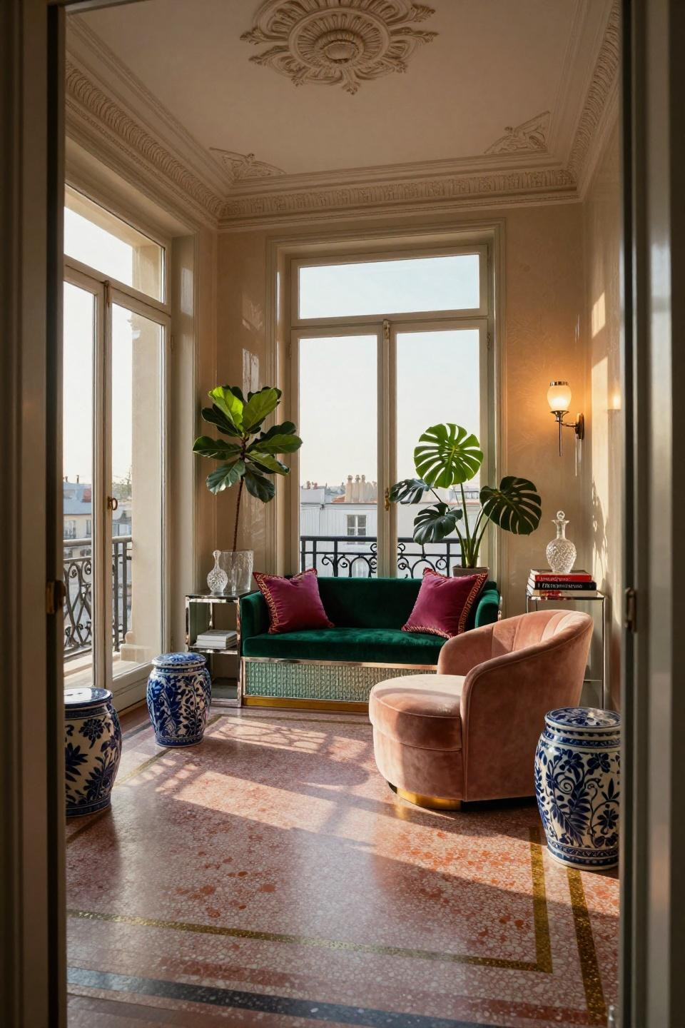 Sunporch ideas in Parisian Haussmann penthouse with emerald velvet window seat