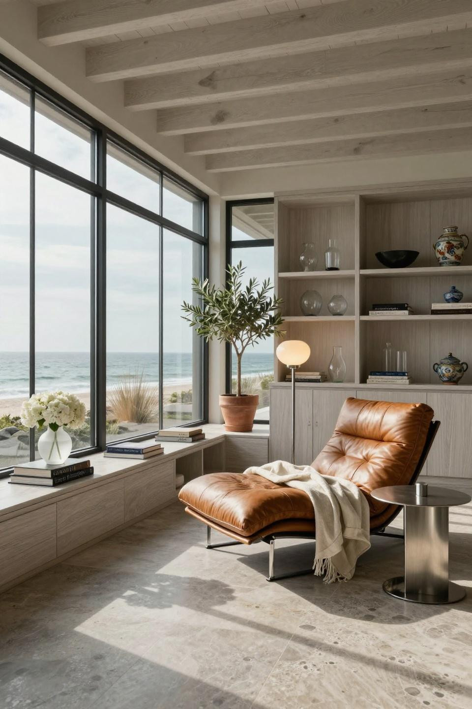 Sunroom inspo featuring Minotti Lawrence chaise in Hamptons beach house