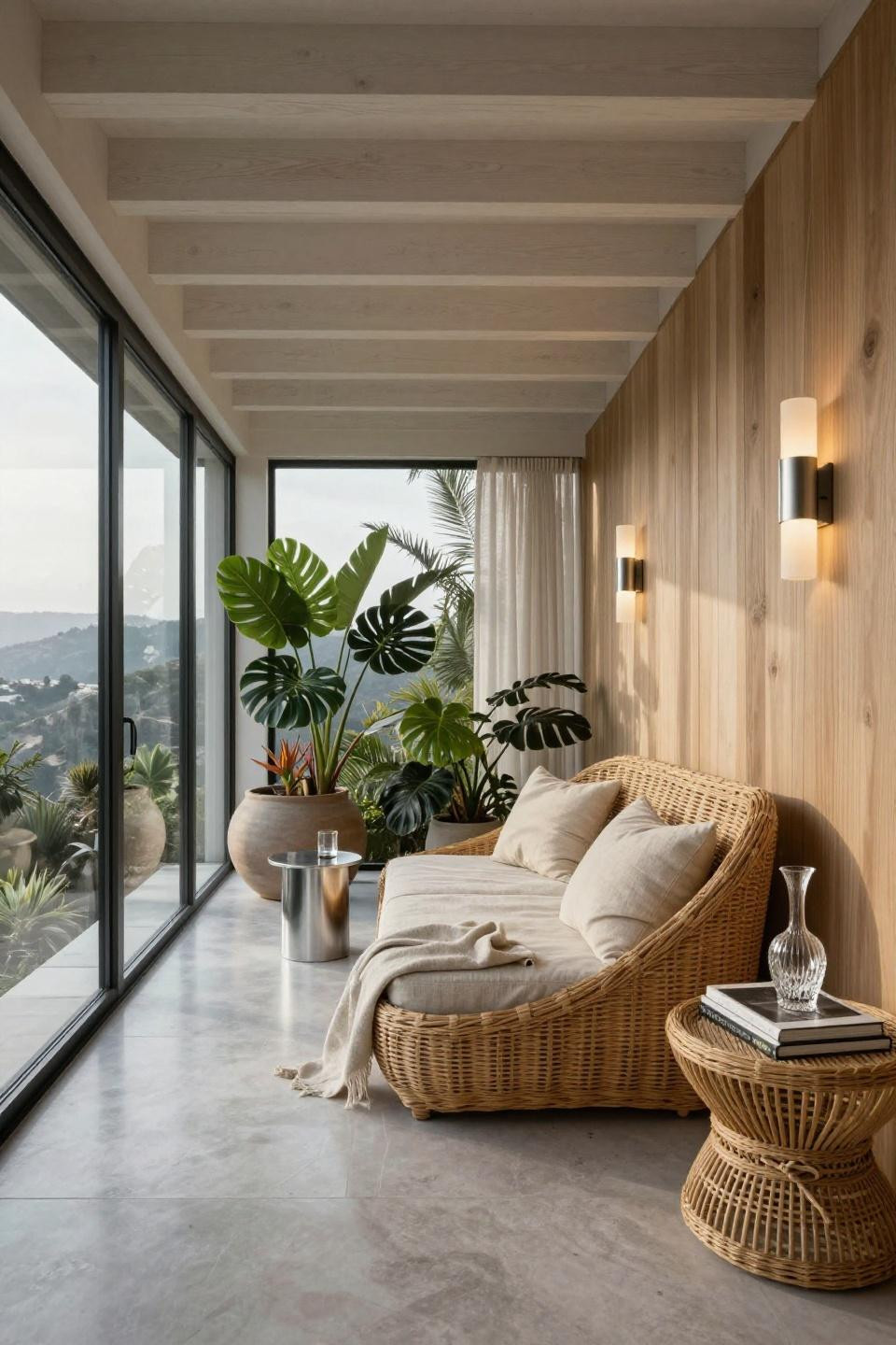 Narrow sunroom ideas in Beverly Hills with custom designer rattan daybed