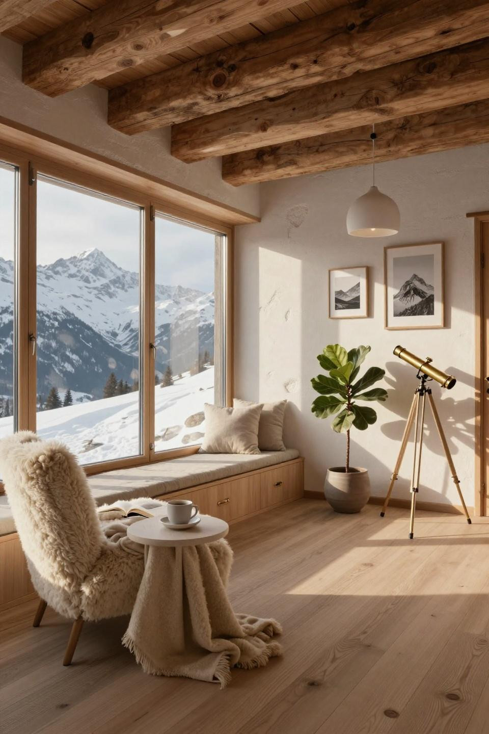 Enclosed sunroom ideas in Swiss Alpine chalet with pale ash window seat