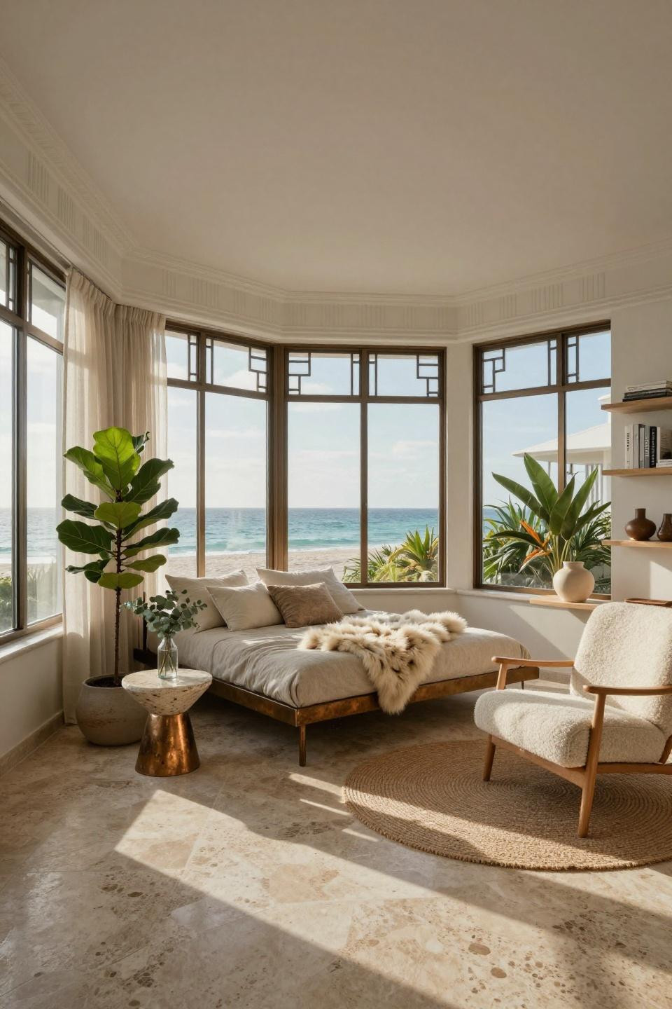 Cozy sunroom ideas in Miami Art Deco beach house with travertine stone