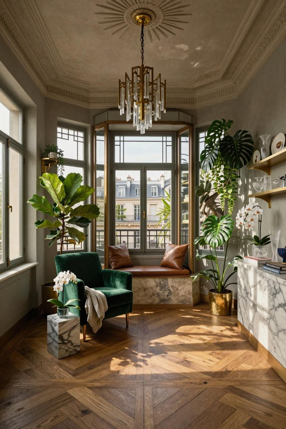 Tiny sunroom in Parisian apartment with Art Deco plaster moldings