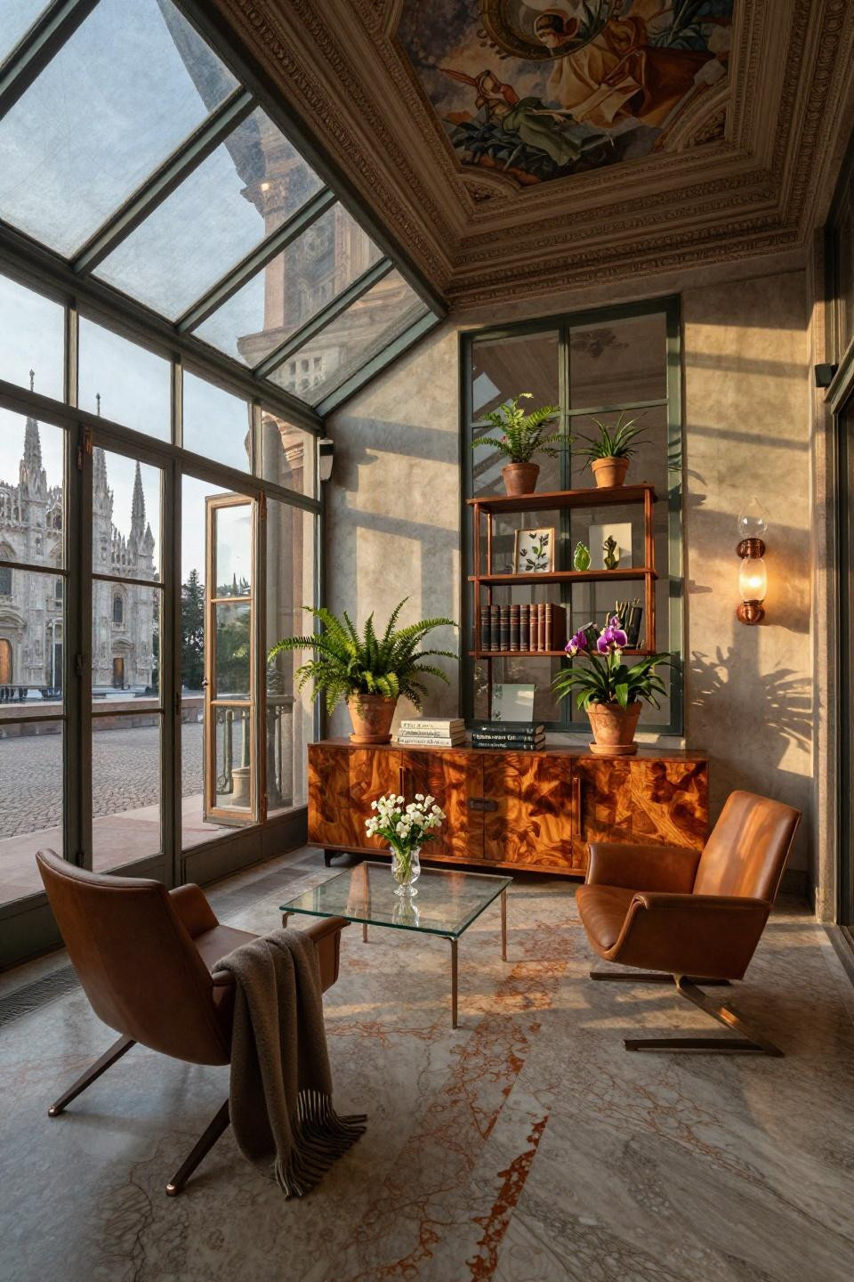Small sunroom designs in historic Milanese villa with quartzite floors