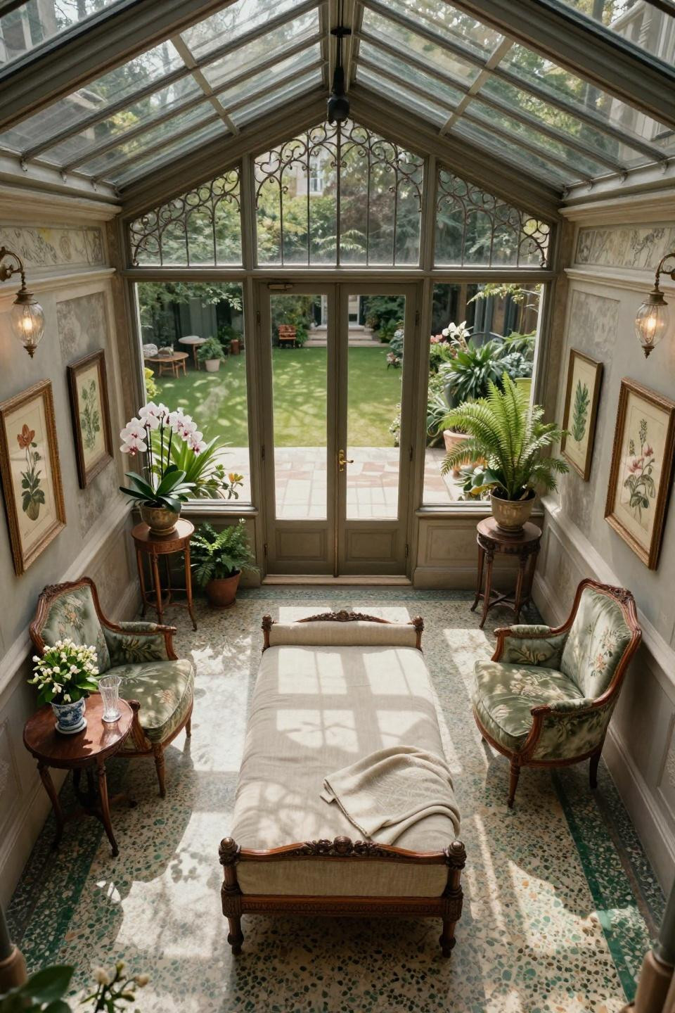 Sunroom inspiration showing overhead view of Victorian conservatory with terrazzo flooring