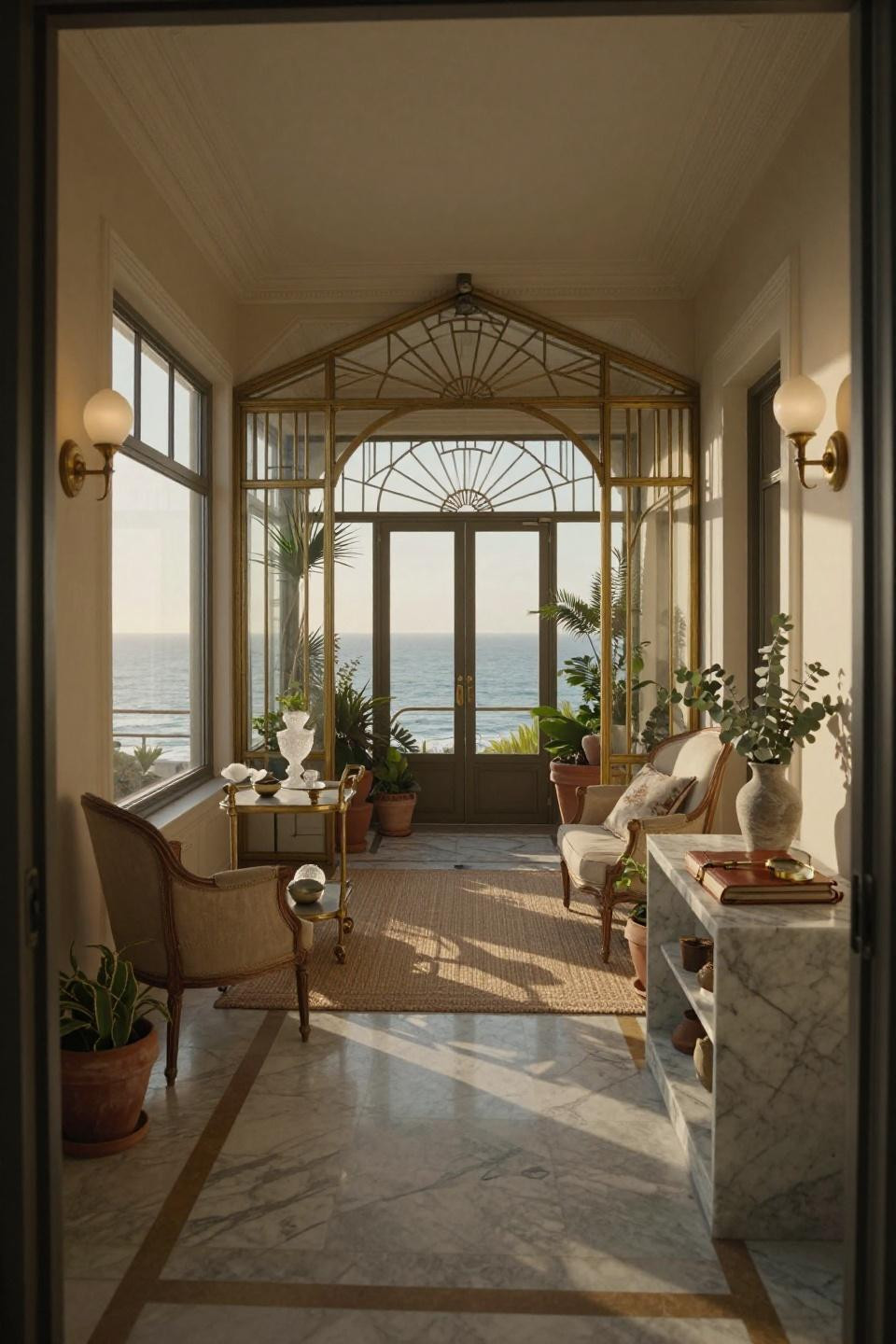 Small conservatory ideas featuring Art Deco brass and glass conservatory in Malibu sunroom