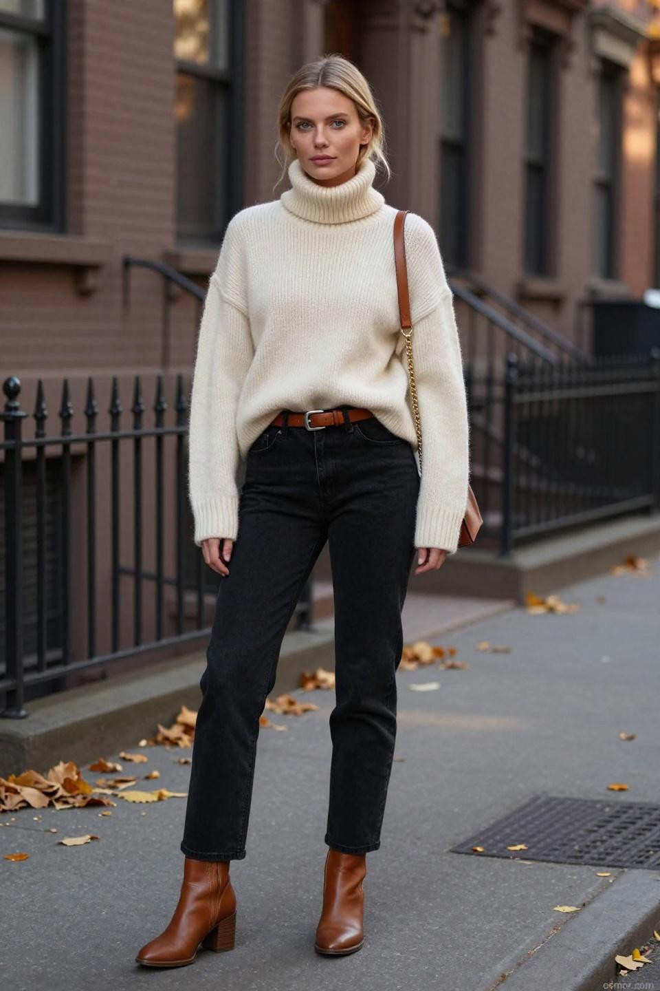 Low Rise Jeans Outfit Fall with cognac accessories