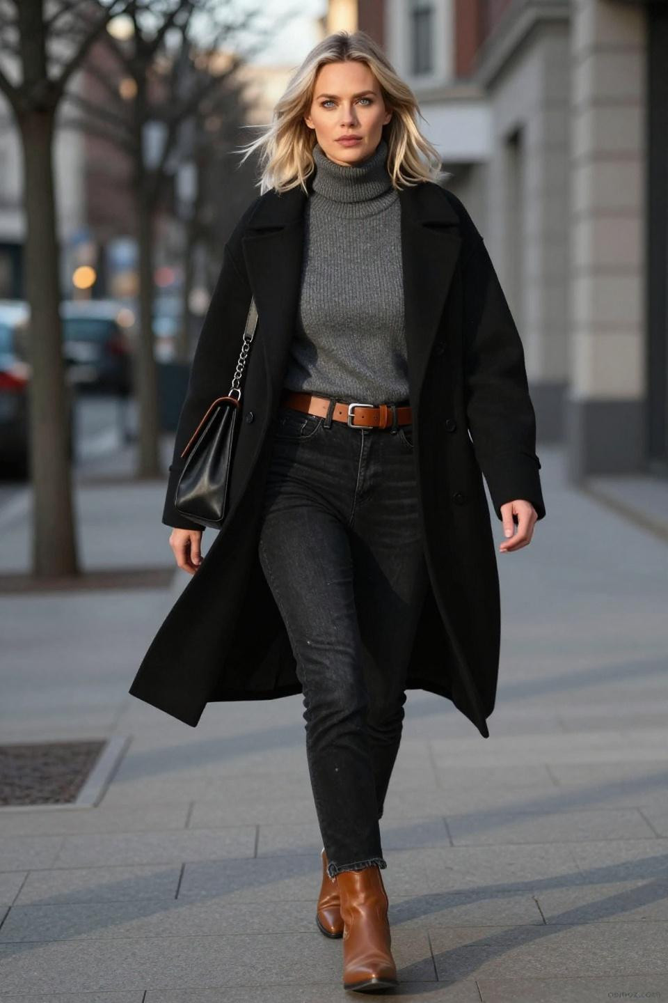 Low Rise Jeans Outfit Winter with wool coat and sweater
