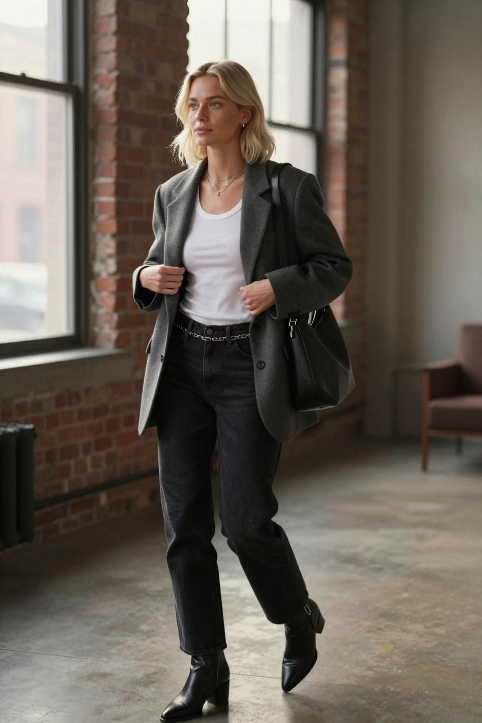 Low Rise Jeans Outfit Ideas with monochrome layers