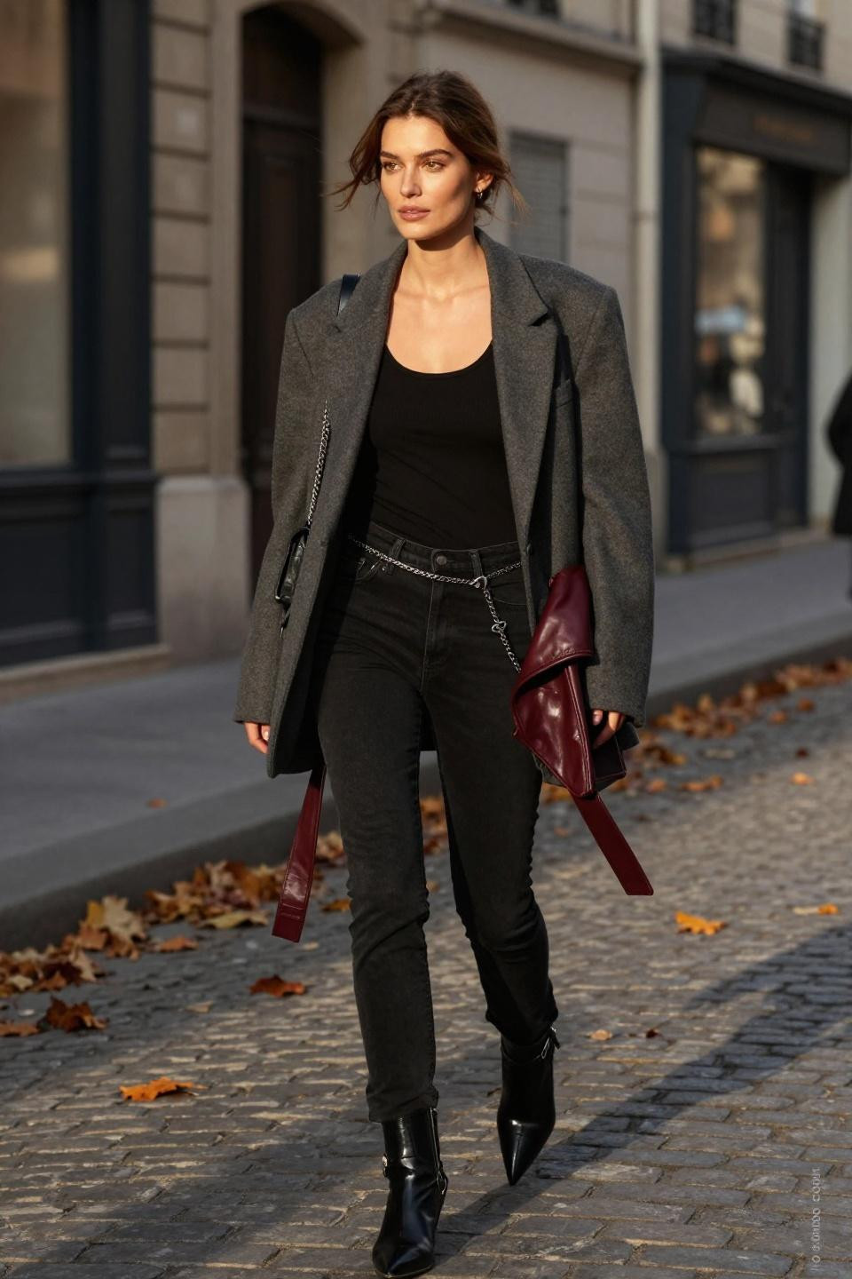 Low Rise Jeans Outfit Fall with burgundy jacket and blazer