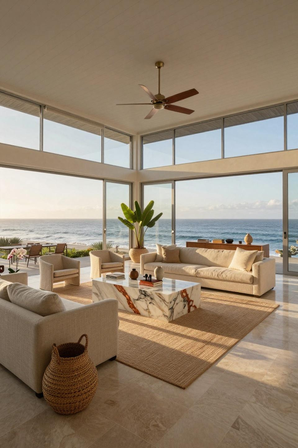 Four season sunroom with NanaWall frameless glass and French Beaumaniere limestone floors