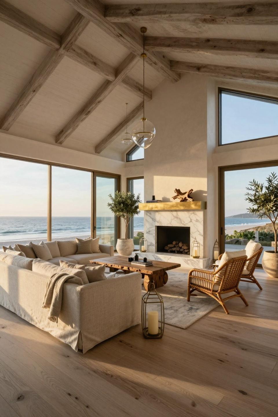 Three season room ideas with waterfall marble fireplace and floor-to-ceiling glass walls