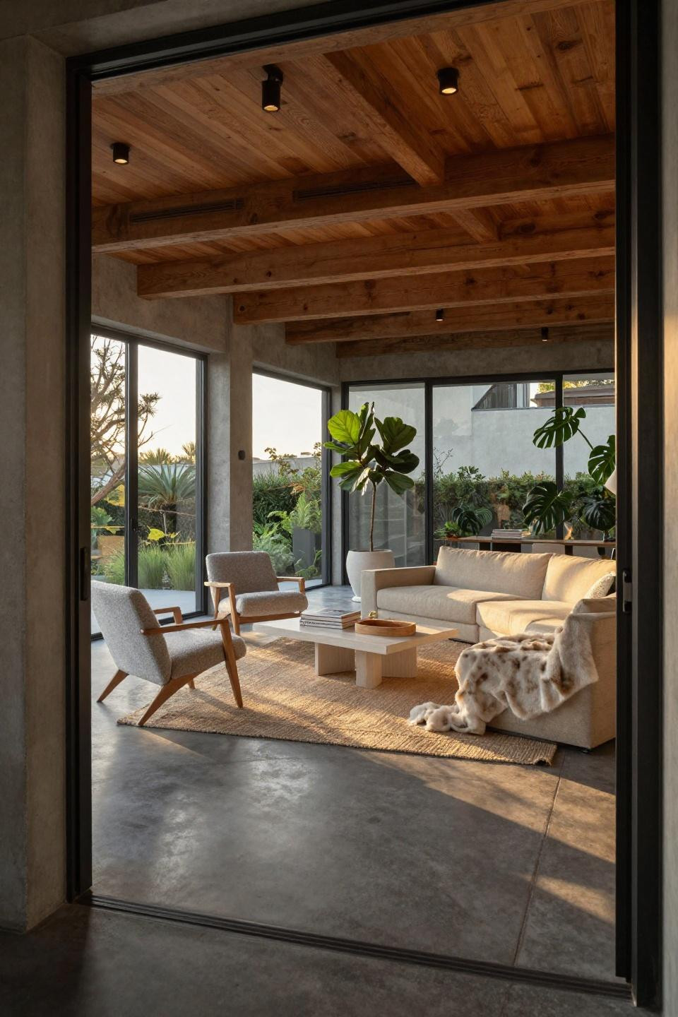 Family room addition off back of house with four-season glass enclosure and radiant concrete floors