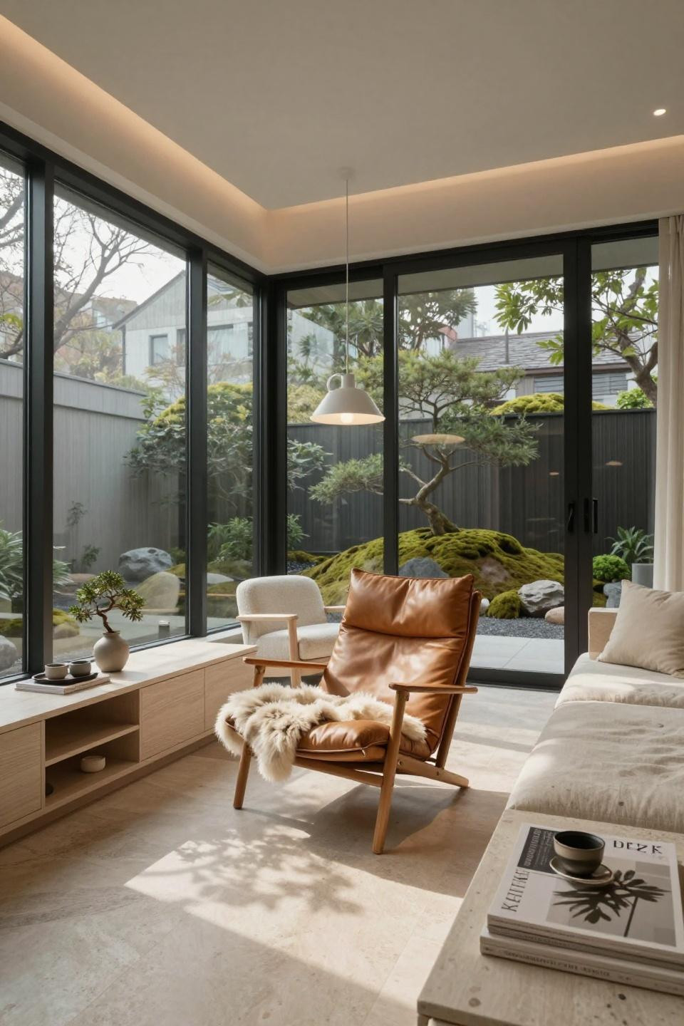 Sunroom addition off living room featuring French limestone and thermally-broken aluminum frames