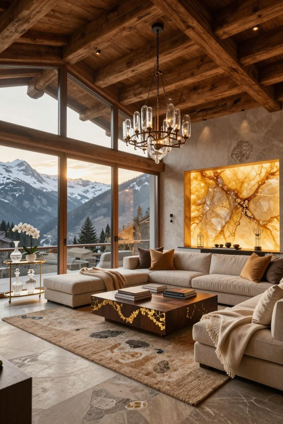 Sunporch ideas with heated Jura limestone and retractable thermally-controlled glass panels