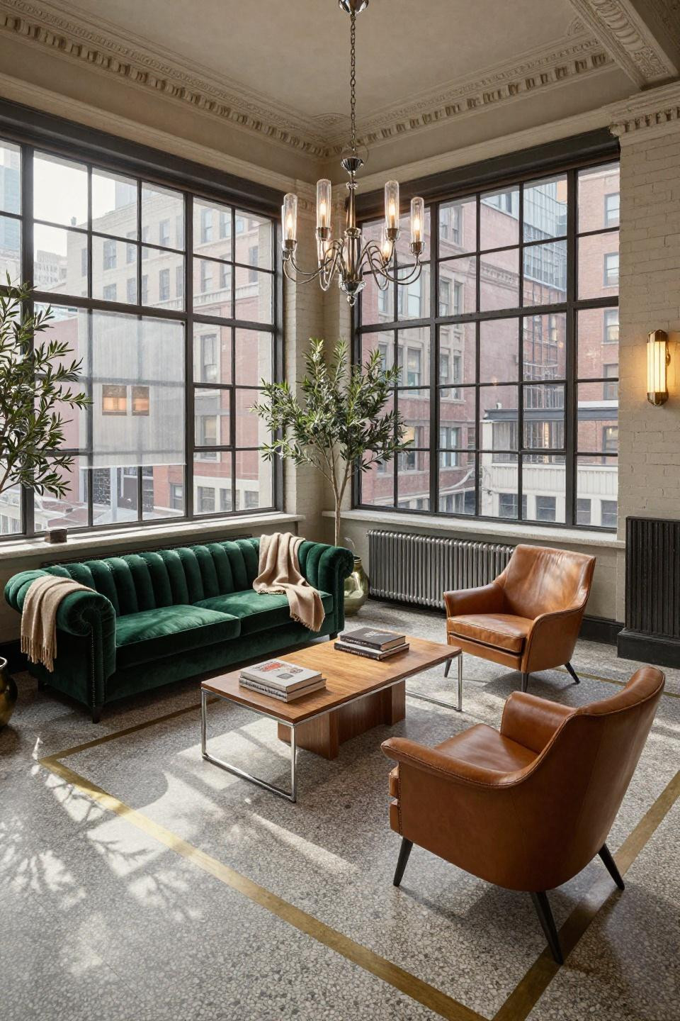 Four season sunroom with industrial steel windows and terrazzo flooring in Tribeca loft