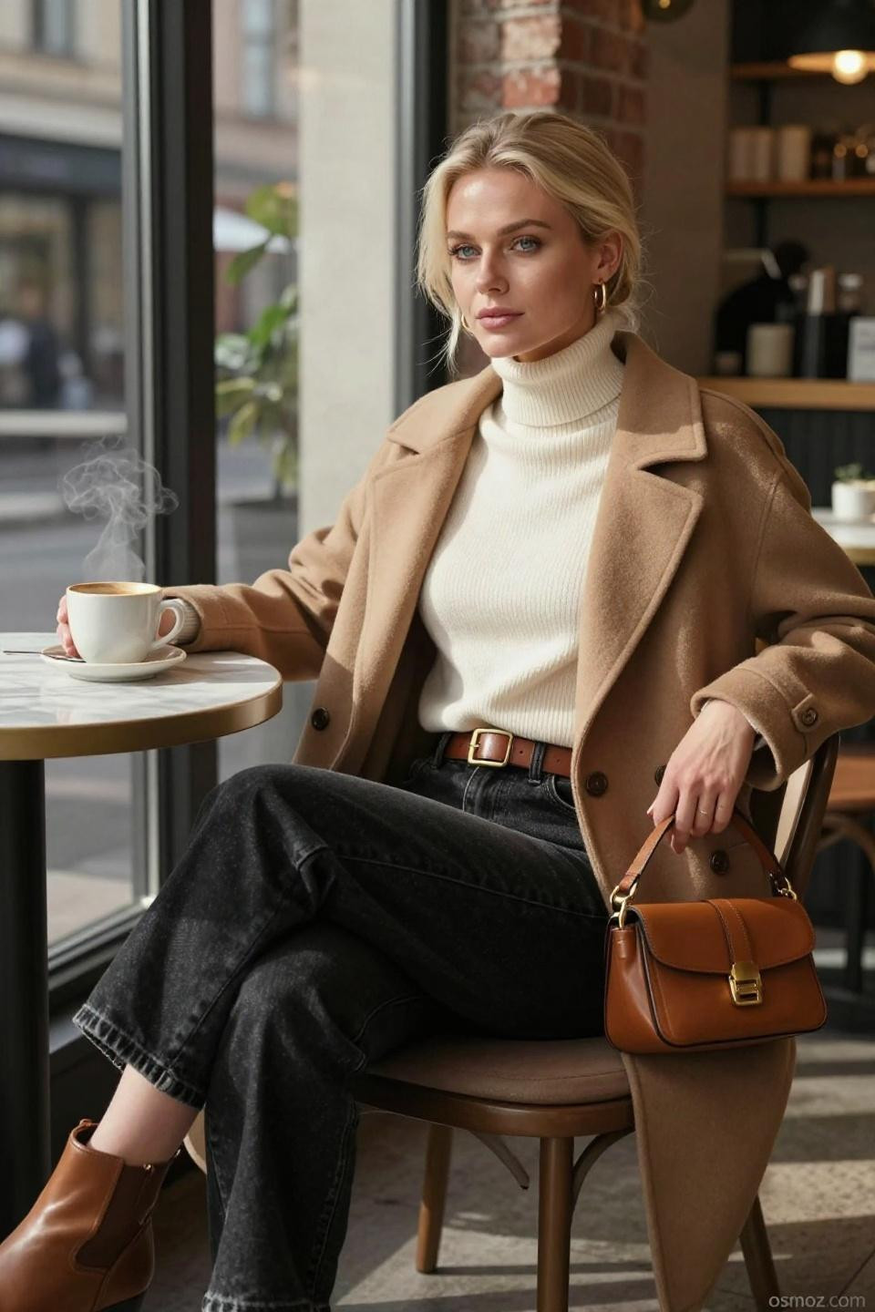 Barrel jeans outfit winter coffee shop window natural light