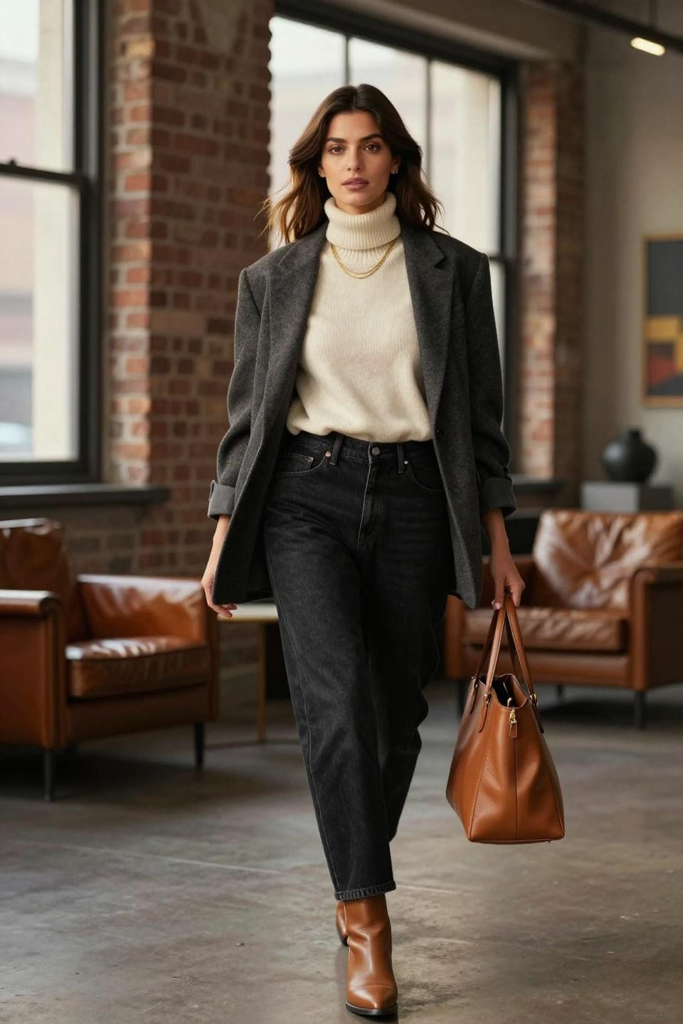 Barrel leg jeans outfit industrial loft natural afternoon light