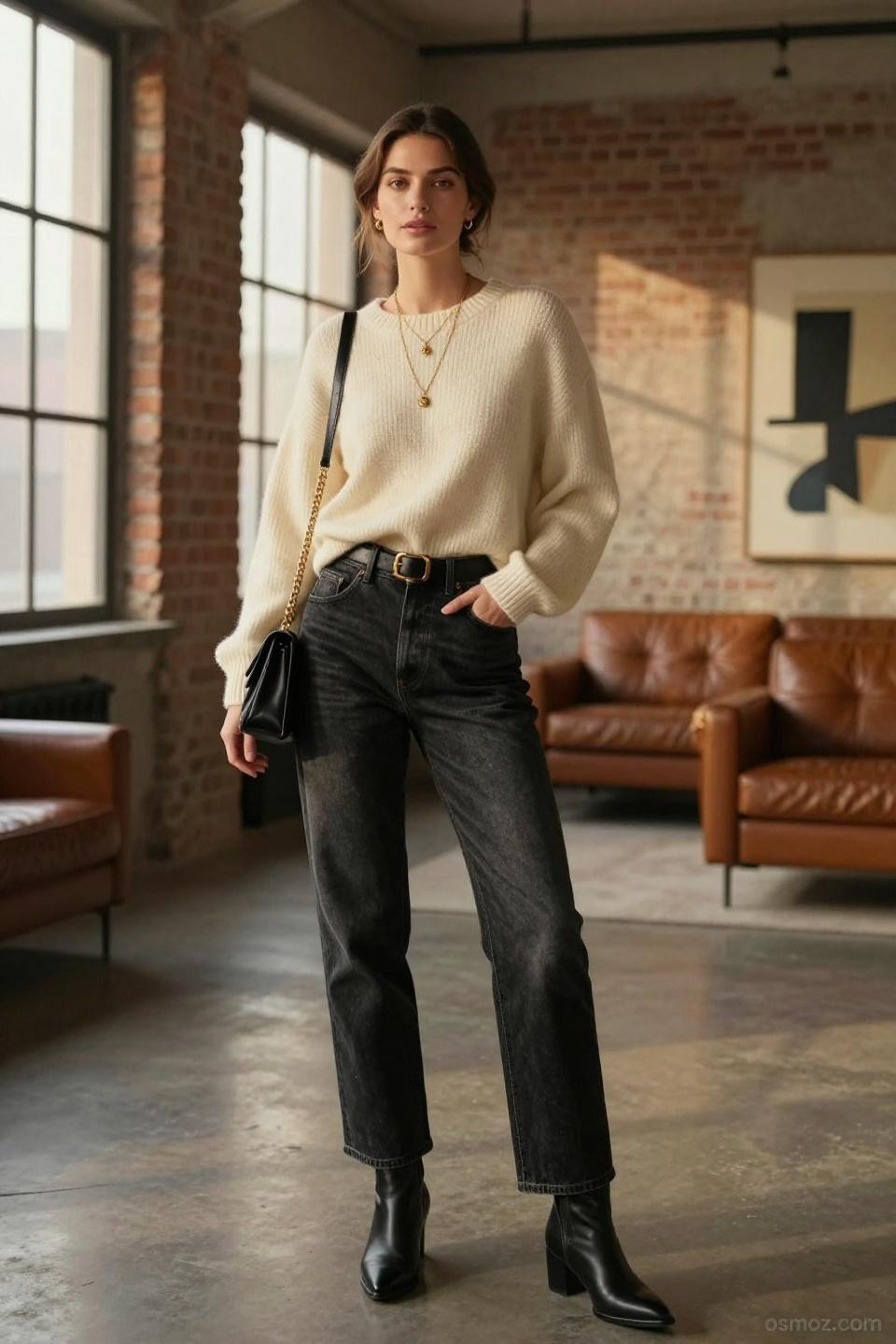 Faded black jeans outfit industrial loft golden hour