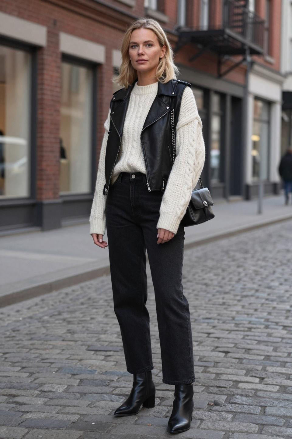 Barrel pants outfit winter art district cobblestone streets