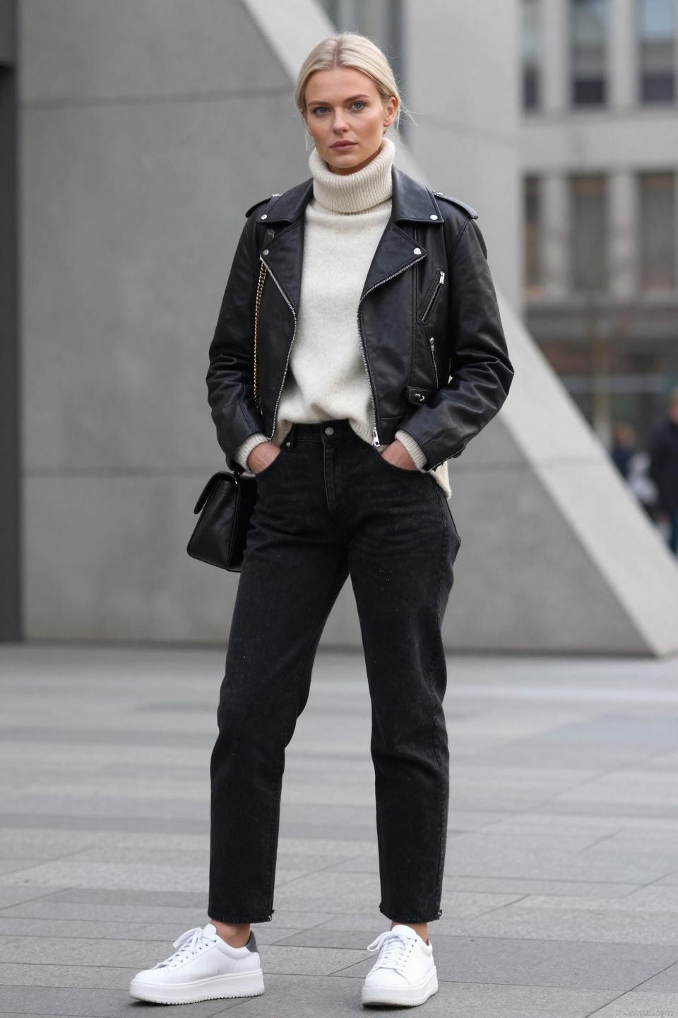 Black balloon jeans outfit modern city plaza winter