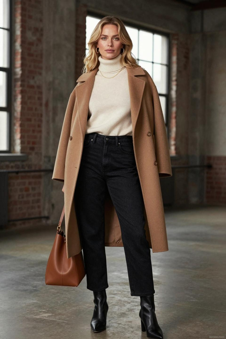 Black faded jeans outfit industrial brick exposed windows