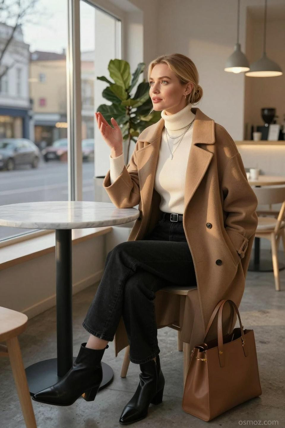 Black barrel pants outfit Scandinavian coffee shop interior