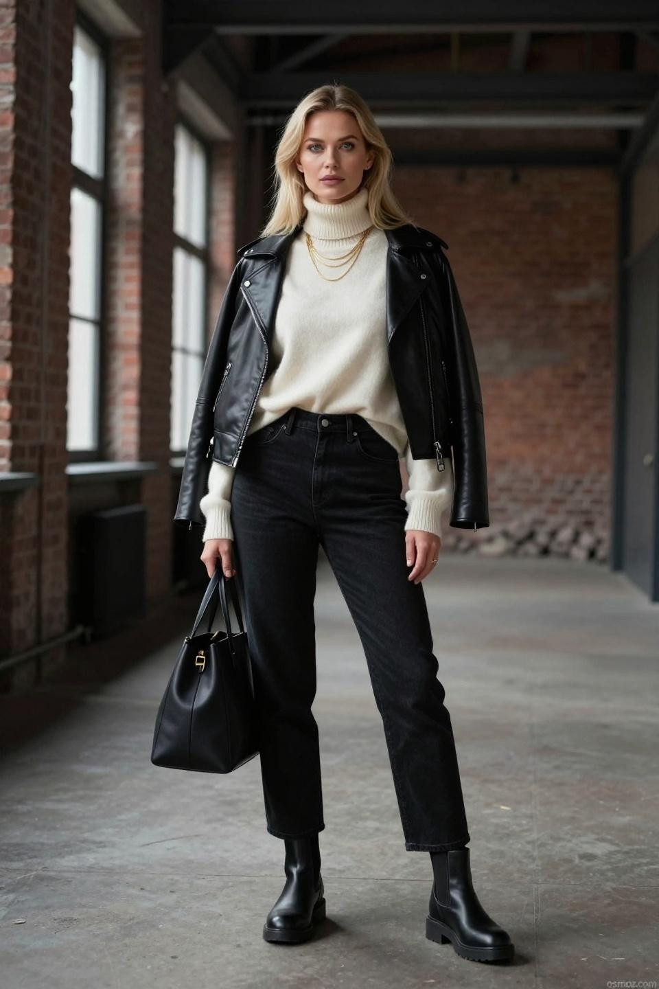 Black balloon jeans outfit industrial loft architecture