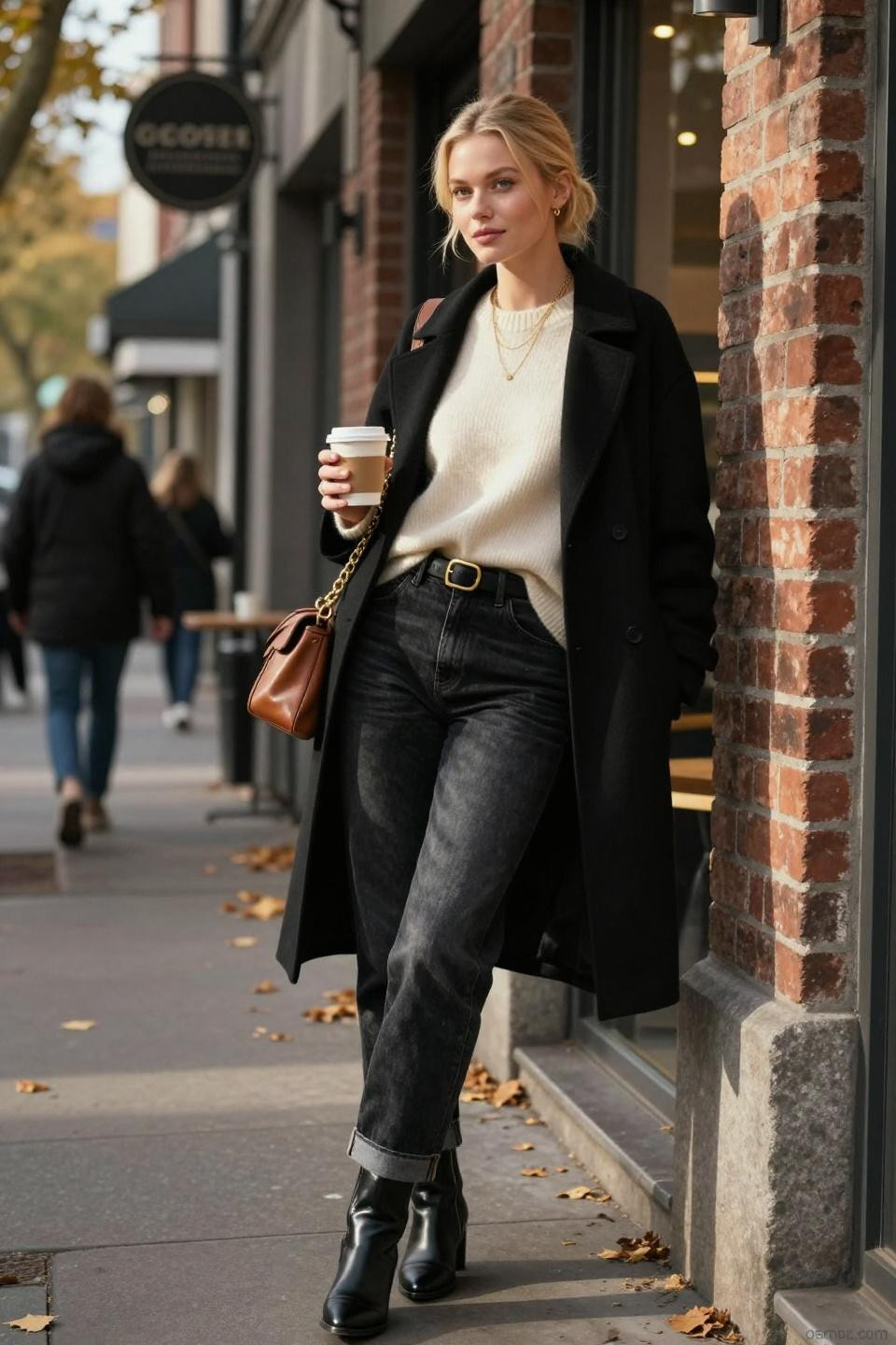 Black faded jeans outfit coffee shop morning light