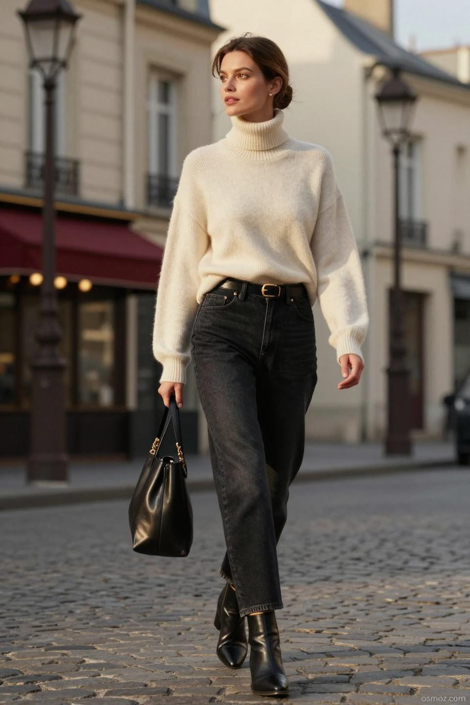 Black barrel pants outfit Parisian cobblestone street
