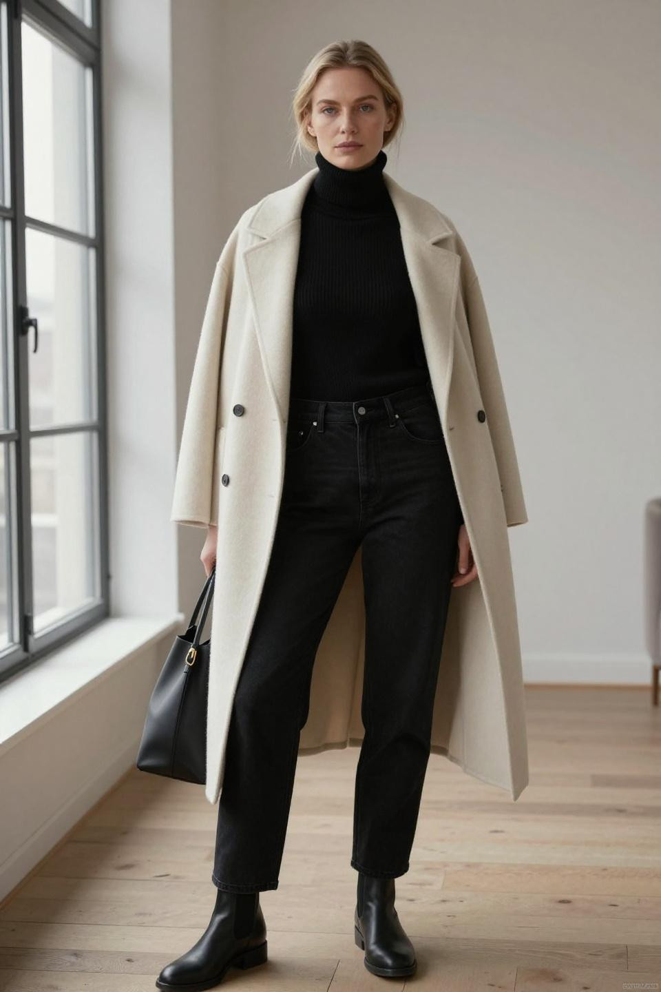 Black Levi jeans outfit Scandinavian loft interior