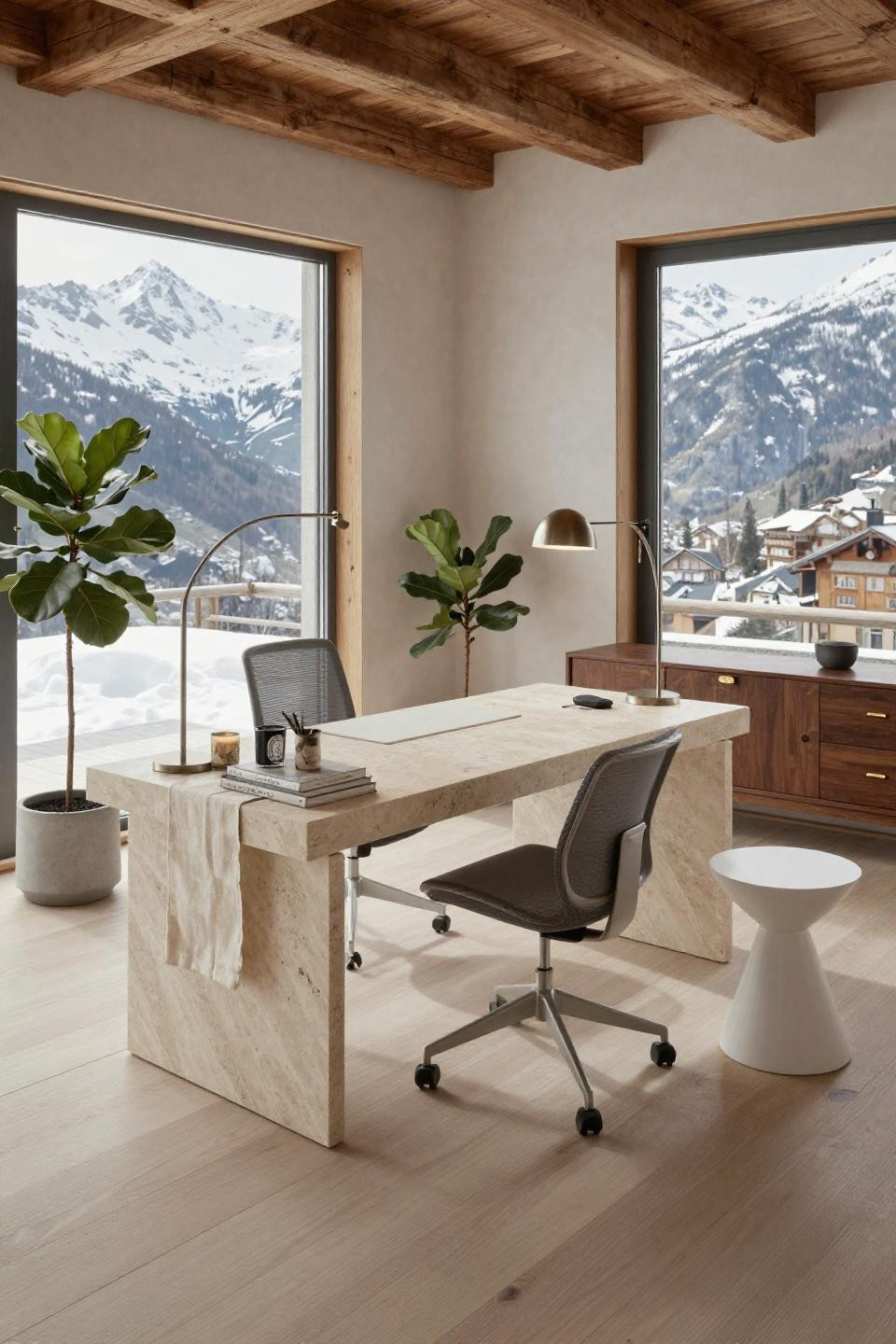 Office in house in Verbier with 200-year-old timber beams