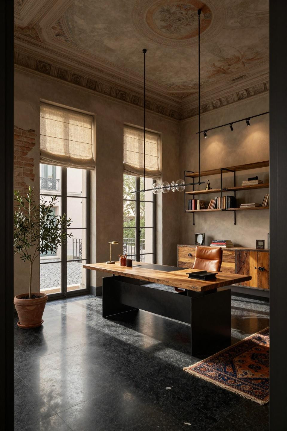 Office in house in restored palazzo with rustic luxe materials