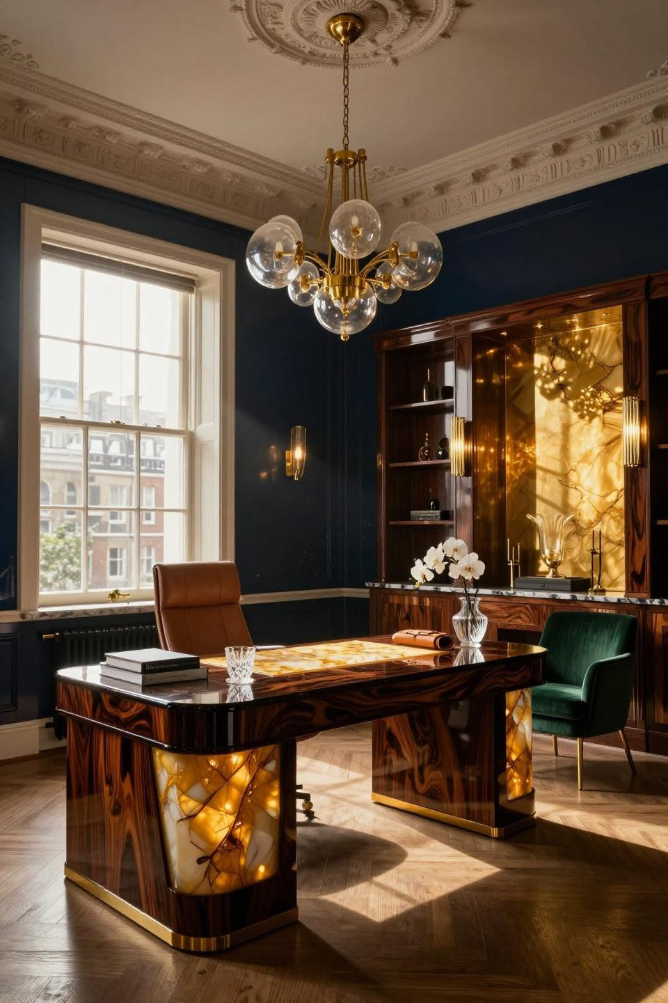 Office in house with book-matched ebony desk and Hollywood Regency style