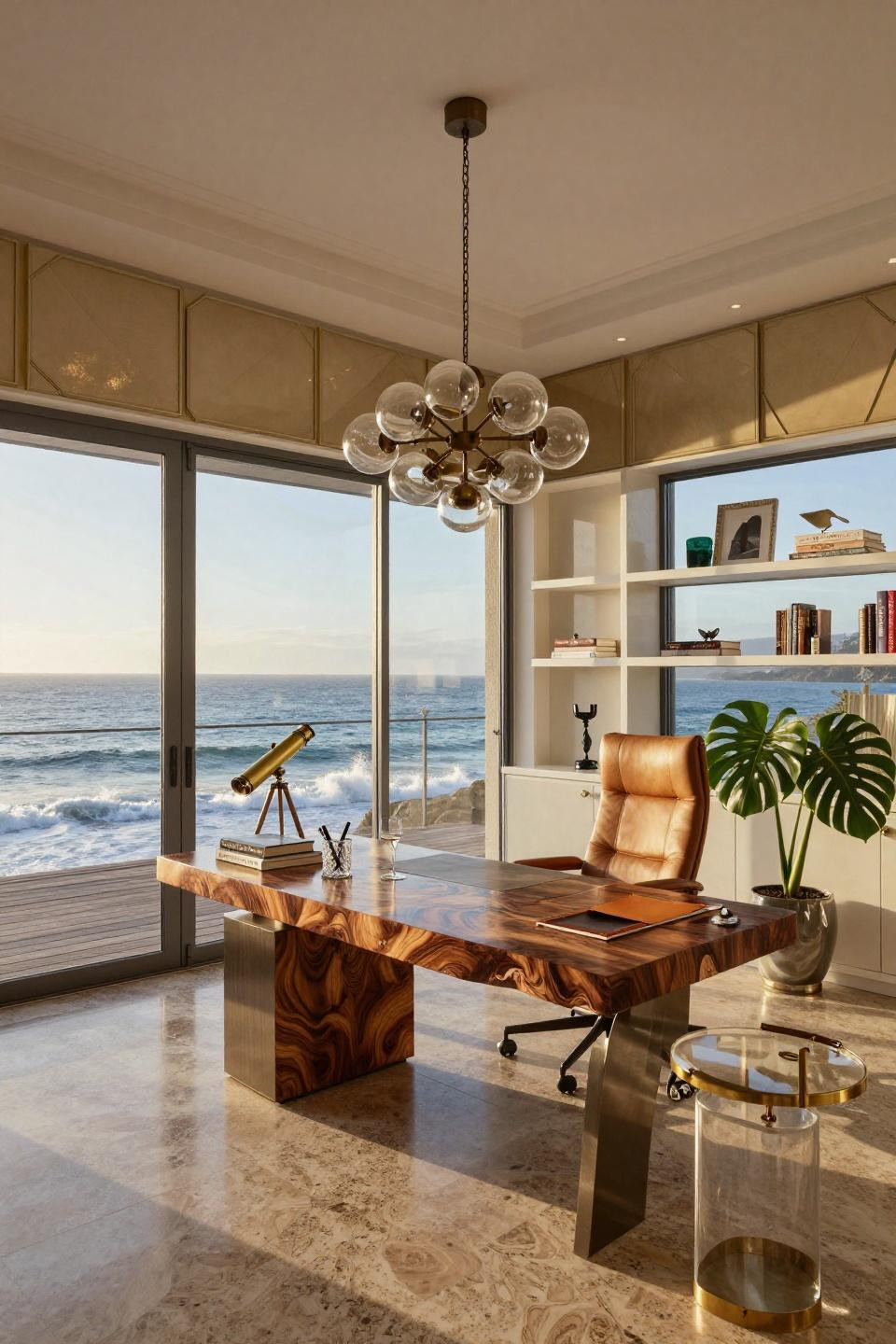 Office in house with Pacific Ocean views and Hollywood Regency design