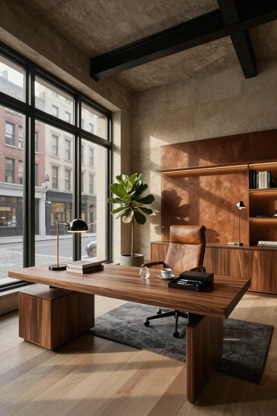 Office in house featuring full-grain leather walls and limestone panels