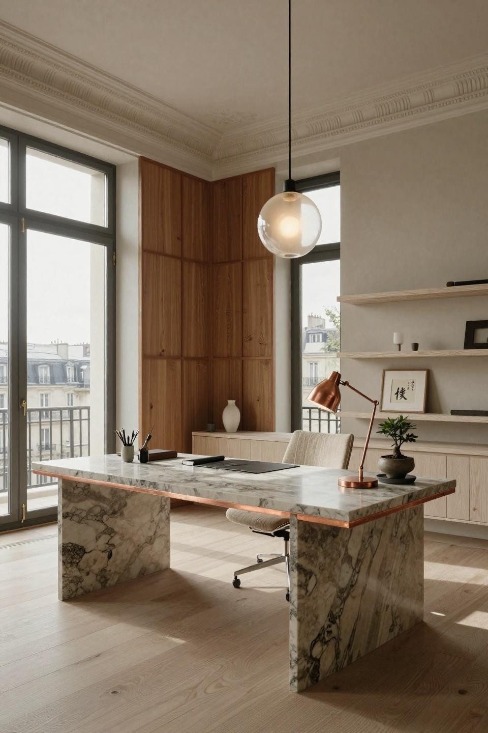 Office in house blending Japanese shoji panels with French architecture