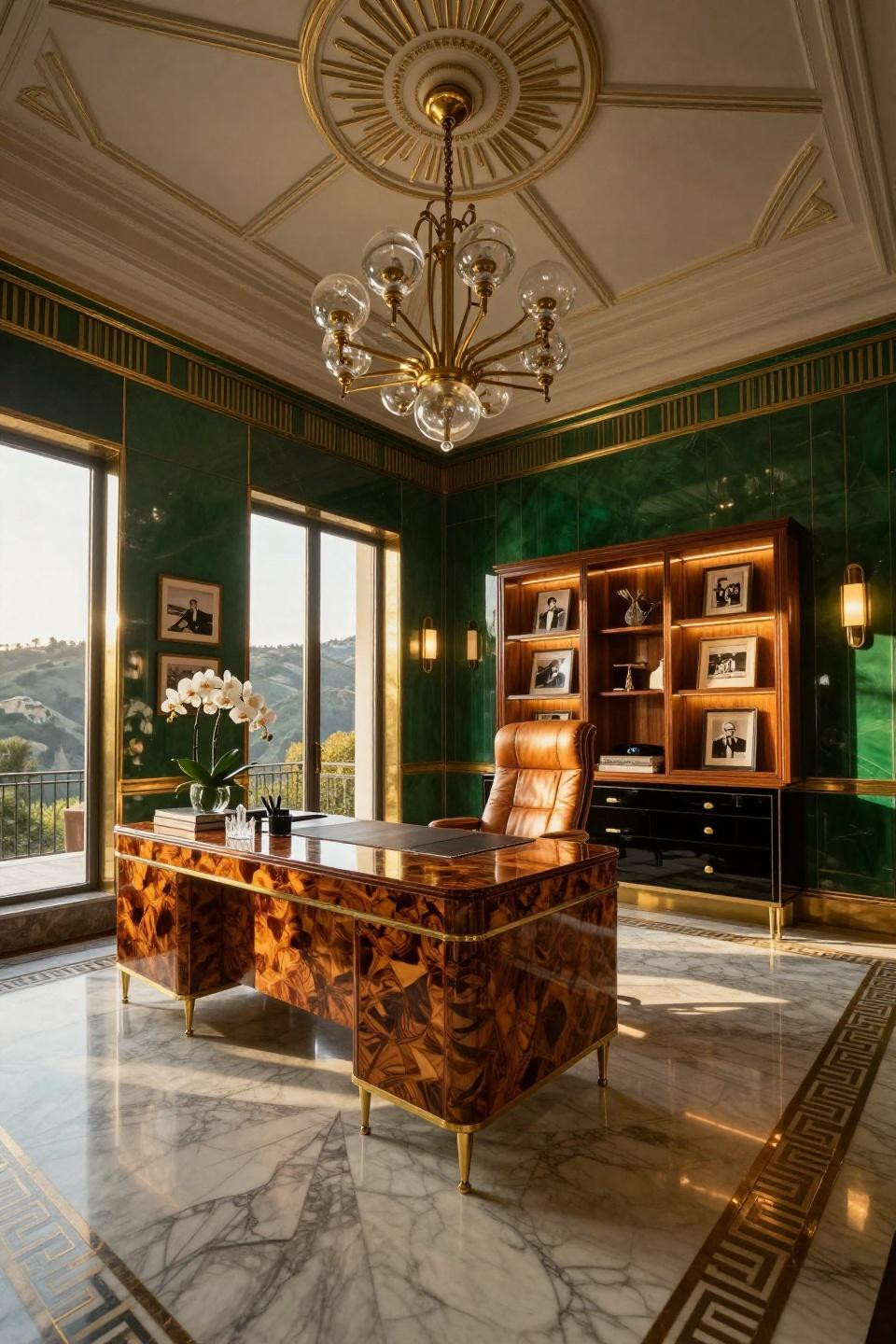 Office in house with walnut burl desk and brass sunburst patterns