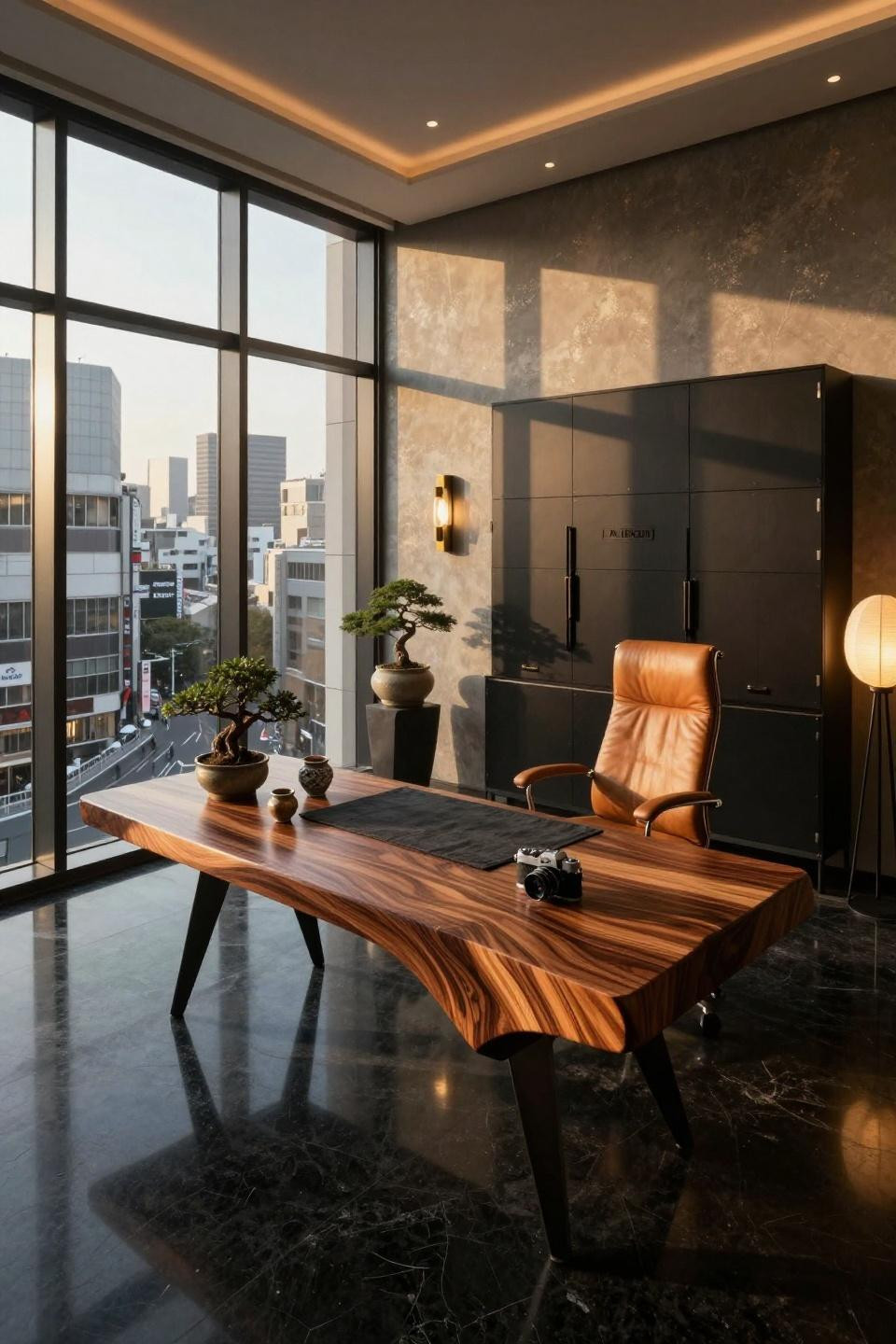 Work from home office in Tokyo penthouse with museum-quality materials