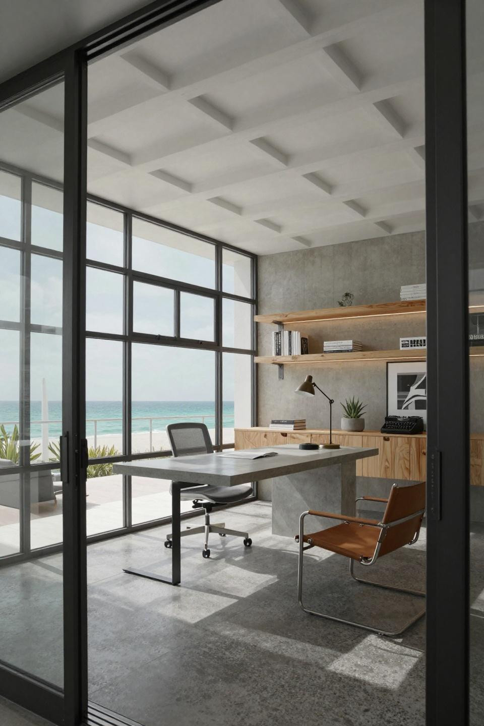Home office room design in Miami beach house with industrial materials