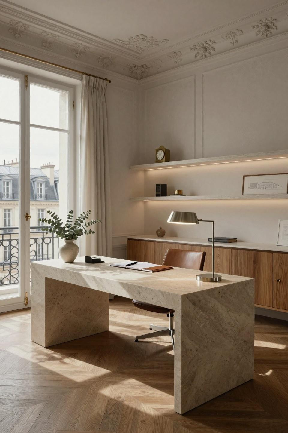 Work room ideas featuring French limestone and original parquet flooring