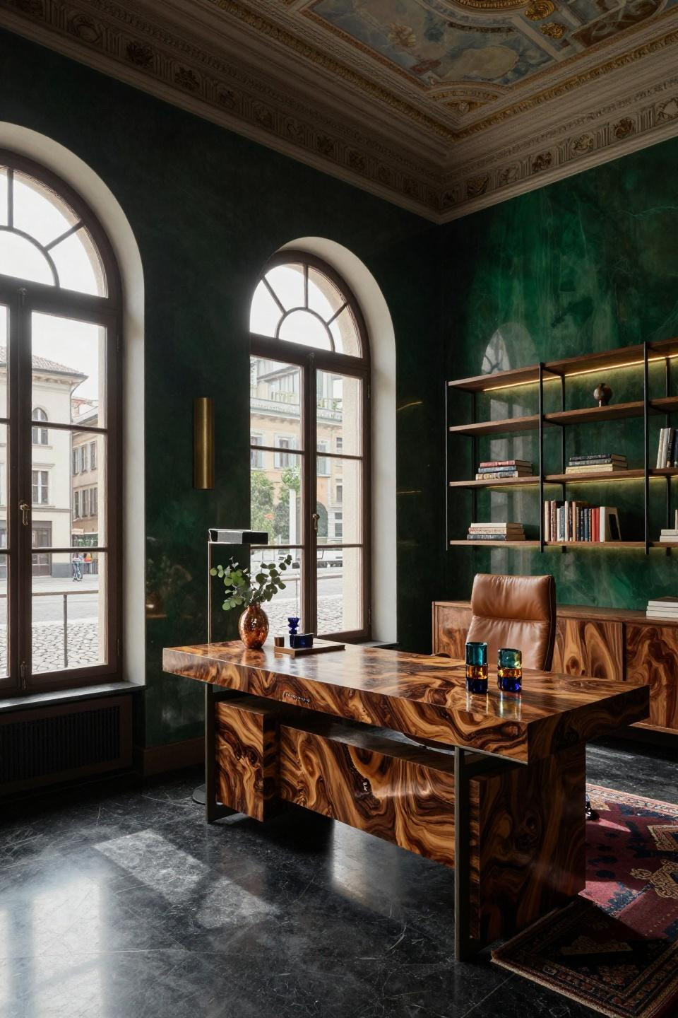 Home office setup in restored 17th-century palazzo with jewel tones