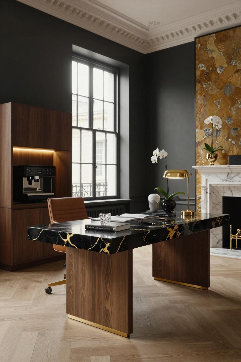 Work from home set up in London townhouse with 24k gold leaf details