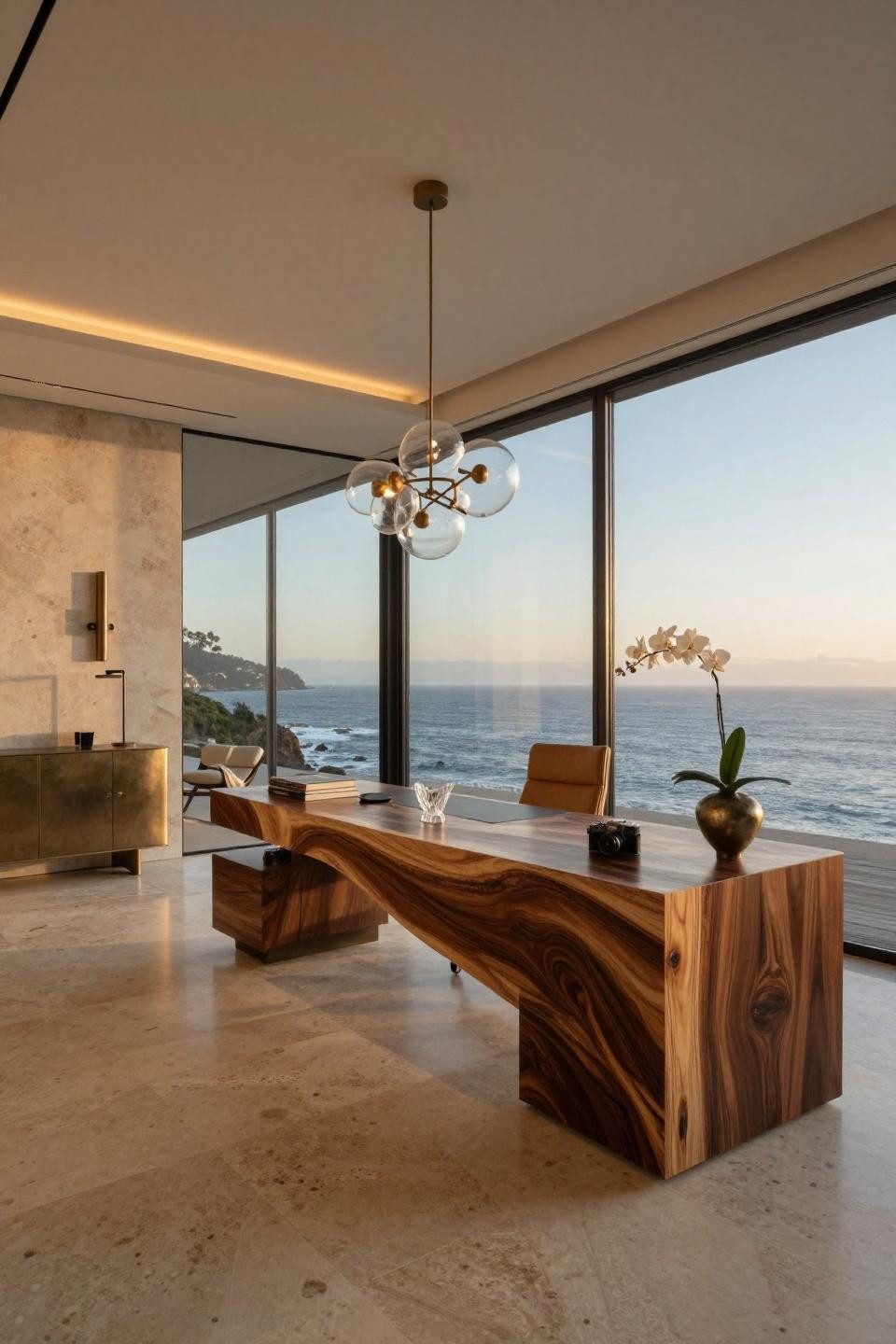 Cozy home office overlooking Pacific Ocean with travertine floors