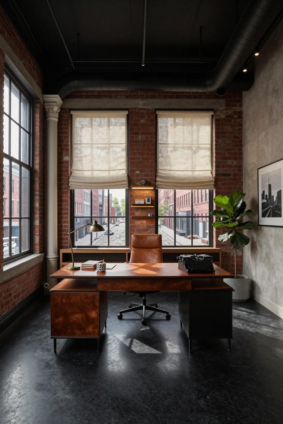 Minimalist office in converted Tribeca loft with original brick walls